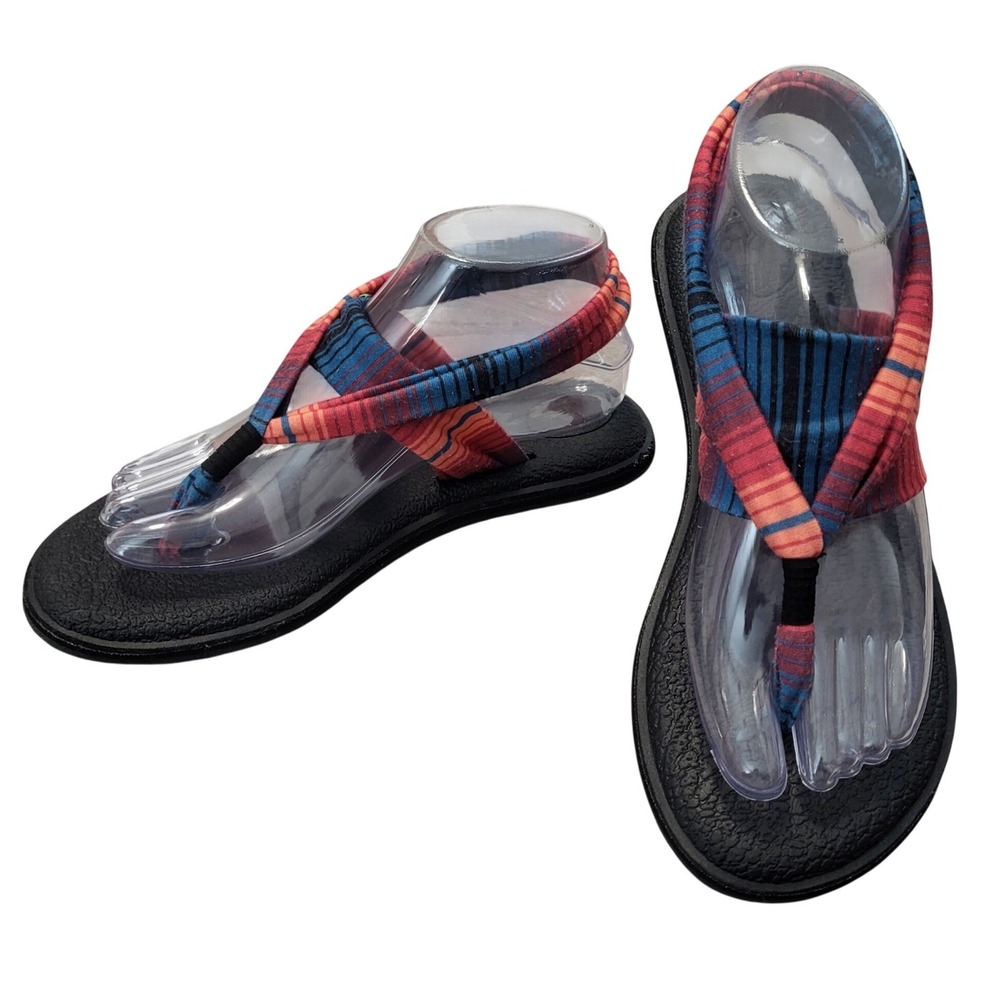Sanuk Yoga Sling Sandals Womens‎ Striped Sunset Red Blue Yoga Mat Footbed size 7